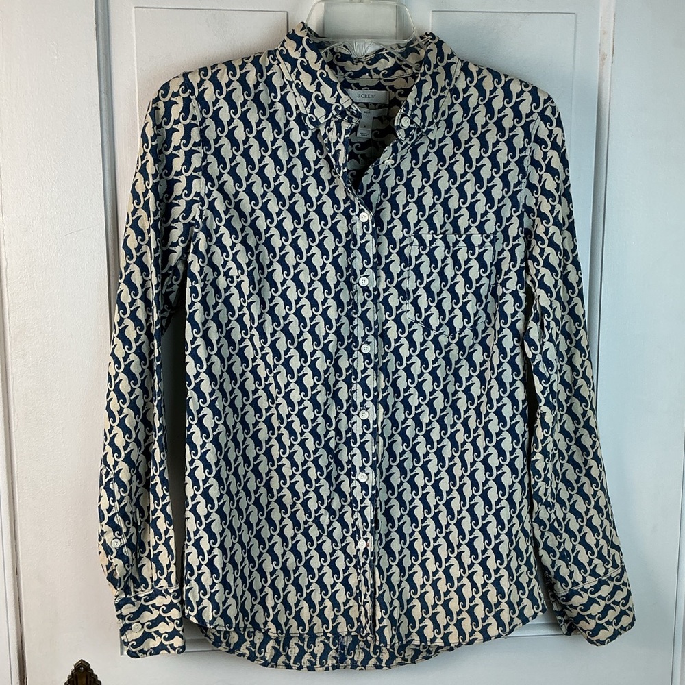 J. Crew Linen Button Down Top Sea Horse Print NWT